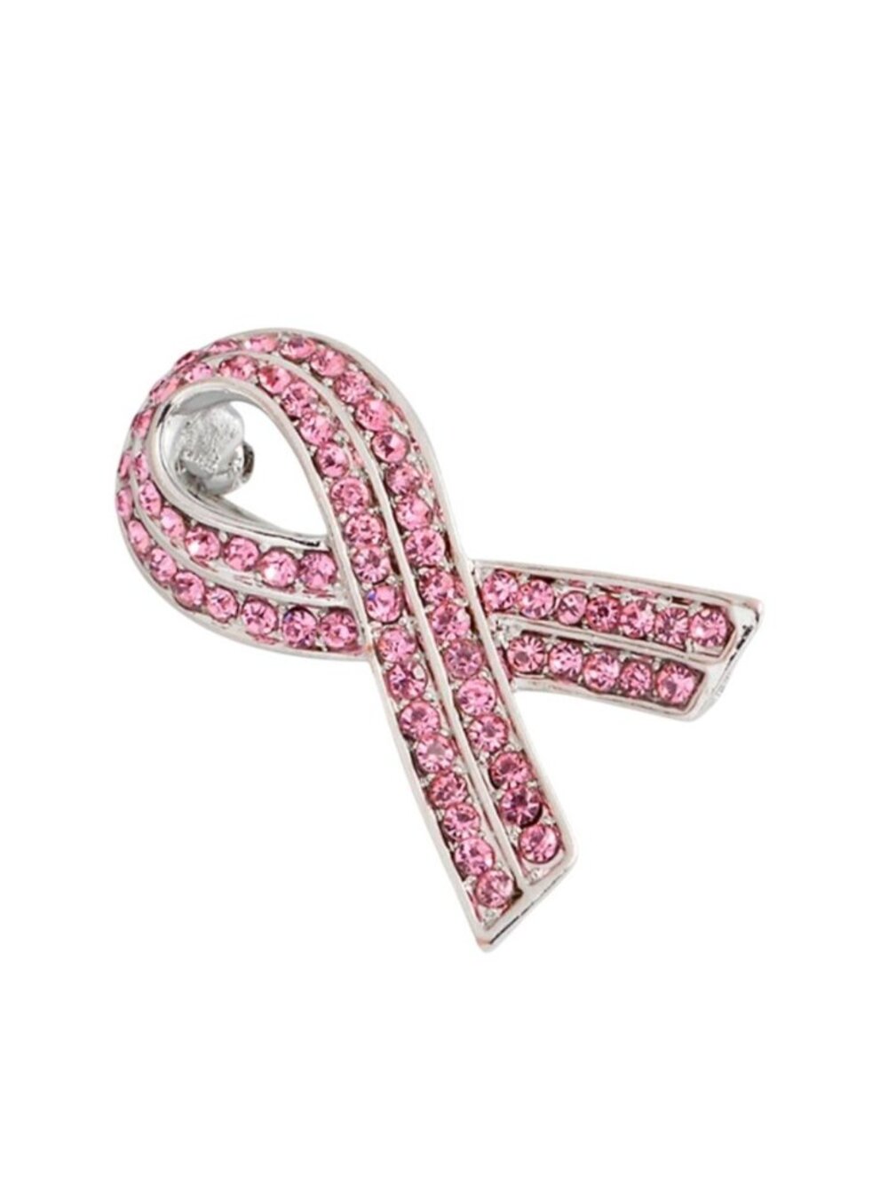 Crystal Pink Ribbon Brooch Pin Breast Cancer Awareness Silver Tone
